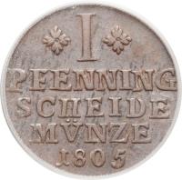 reverse of 1 Pfenning - Karl Wilhelm Ferdinand (1780 - 1806) coin with KM# 995 from German States. Inscription: I PFENNING SCHEIDE MVNZE