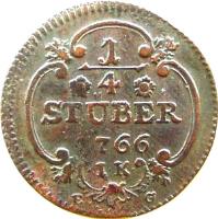 German States coin 1/4 Stüber - Maximilian Friedrich (1763 - 1767) reverse reverse of 1/4 Stüber - Maximilian Friedrich (1763 - 1767) coin with KM# 161 from German States. Inscription: 1/4 stuber 1766 I.K. EG