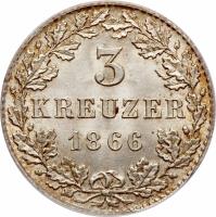 German States coin 3 Kreuzer (1866) reverse reverse of 3 Kreuzer (1866) coin with KM# 373 from German States. Inscription: 3 KREUZER 1866