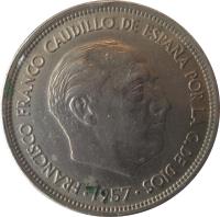 obverse of 50 Pesetas - Francisco Franco (1957) coin with KM# 788 from Spain. Inscription: FRANCISCO FRANCO CAUDILLO DE ESPAÑA POR LA G.DE DIOS 1957