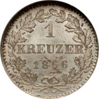 German States coin 1 Kreuzer (1862 - 1866) reverse reverse of 1 Kreuzer (1862 - 1866) coin with KM# 367 from German States. Inscription: 1 KREUZER 1866