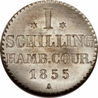 German States coin 1 Schilling (1855) reverse reverse of 1 Schilling (1855) coin with KM# 586 from German States. Inscription: I SCHILLING. HAMB.COUR