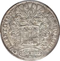 German States coin 16 Schilling - Karl VI (1726 - 1728) reverse reverse of 16 Schilling - Karl VI (1726 - 1728) coin with KM# 369 from German States. Inscription: HAMBURGER CURRENT.GELDT. 1726 16 SCHILLING