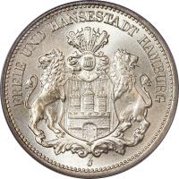 German States coin 2 Mark (1892 - 1914) obverse obverse of 2 Mark (1892 - 1914) coin with KM# 612 from German States. Inscription: FREIE UND HANSESTADT HAMBURG J