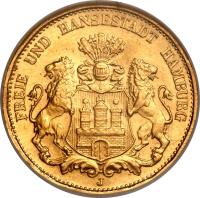 German States coin 20 Mark (1893 - 1913) obverse obverse of 20 Mark (1893 - 1913) coin with KM# 618 from German States. Inscription: FREIE UND HANSESTADT HAMBURG J