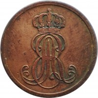 German States coin 1 Pfennig - Ernst August (1845 - 1851) obverse obverse of 1 Pfennig - Ernst August (1845 - 1851) coin with KM# 201 from German States. Inscription: AR