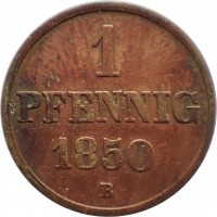 German States coin 1 Pfennig - Ernst August (1845 - 1851) reverse reverse of 1 Pfennig - Ernst August (1845 - 1851) coin with KM# 201 from German States. Inscription: 1 PFENNIG 1850 B