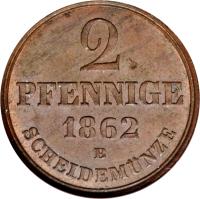 reverse of 2 Pfennige - Georg V (1858 - 1864) coin with KM# 234 from German States. Inscription: 2 PFENNINGE. 1860 B SCHEIDEMÜNZE