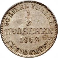 German States coin 1/2 Groschen - Georg V (1858 - 1865) reverse reverse of 1/2 Groschen - Georg V (1858 - 1865) coin with KM# 235 from German States. Inscription: 60 EINEN THALER 1 2 GROSCHEN 1862 SCHEIDEMÜNZE