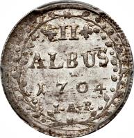German States coin 2 Albus - Ernst Ludwig (1692 - 1708) reverse reverse of 2 Albus - Ernst Ludwig (1692 - 1708) coin with KM# 82 from German States. Inscription: II ALBUS 1704