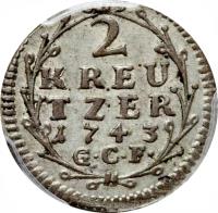 German States coin 2 Kreuzer - Ludwig VIII (1741 - 1744) reverse reverse of 2 Kreuzer - Ludwig VIII (1741 - 1744) coin with KM# 173 from German States. Inscription: 2 KREU TZER 1743 G · C · F ·