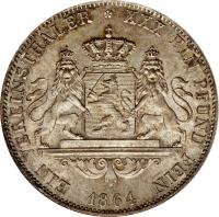 German States coin 1 Vereinsthaler - Ludwig III (1857 - 1871) reverse reverse of 1 Vereinsthaler - Ludwig III (1857 - 1871) coin with KM# 338 from German States. Inscription: EIN VEREINSTHALER XXX EIN PFUND FEIN 1859