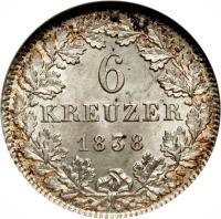 German States coin 6 Kreuzer - Ludwig II (1838 - 1842) reverse reverse of 6 Kreuzer - Ludwig II (1838 - 1842) coin with KM# 306 from German States.