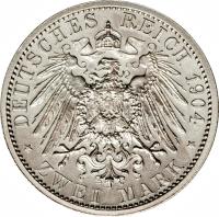 German States coin 2 Mark - Ernst Ludwig - Birthday of Philipp the Magnanimous (1904) reverse reverse of 2 Mark - Ernst Ludwig - Birthday of Philipp the Magnanimous (1904) coin with KM# 372 from German States. Inscription: DEUTSCHES REICH 1904 ZWEI MARK