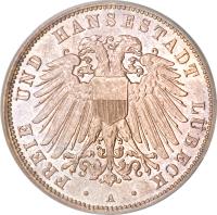 German States coin 3 Mark (1908 - 1914) obverse obverse of 3 Mark (1908 - 1914) coin with KM# 215 from German States. Inscription: FREIE UND HANSESTADT LÜBECK · A ·