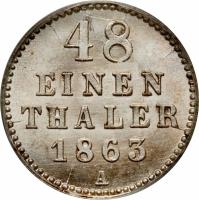 German States coin 1/48 Thaler - Friedrich Franz II (1852 - 1866) reverse reverse of 1/48 Thaler - Friedrich Franz II (1852 - 1866) coin with KM# 311 from German States. Inscription: 48 EINEN THALER 1864 A