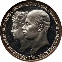 German States coin 2 Mark - Friedrich Franz IV - Wedding (1904) obverse obverse of 2 Mark - Friedrich Franz IV - Wedding (1904) coin with KM# 333 from German States. Inscription: FRIEDERICH FRANZ-ALEXANDRA GROSSHERZOG U. GROSSHERZOGIN V. MECKLENB. SCHW. A 7 VI