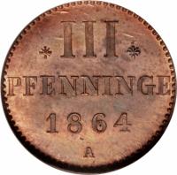 reverse of 3 Pfenninge - Friedrich Wilhelm (1862 - 1864) coin with KM# 95 from German States. Inscription: III PFENNINGE 1864 A