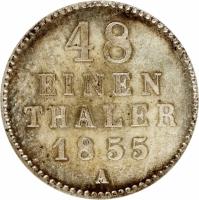 reverse of 1/48 Thaler - Georg (1855 - 1859) coin with KM# 91 from German States. Inscription: 48 EINEN THALER 1855 A