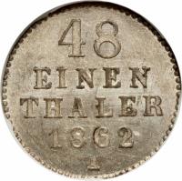 reverse of 1/48 Thaler - Friedrich Wilhelm (1862 - 1864) coin with KM# 96 from German States. Inscription: 48 EINEN THALER 1864 A