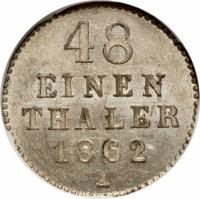 German States coin 1/48 Thaler - Friedrich Wilhelm (1862 - 1864) reverse reverse of 1/48 Thaler - Friedrich Wilhelm (1862 - 1864) coin with KM# 96 from German States. Inscription: 48 EINEN THALER 1864 A