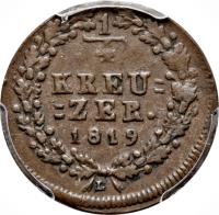 German States coin 1/4 Kreuzer - Wilhelm I (1817 - 1819) reverse reverse of 1/4 Kreuzer - Wilhelm I (1817 - 1819) coin with KM# 41 from German States. Inscription: 1/4 KREU =ZER. 1819 L