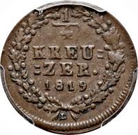 reverse of 1/4 Kreuzer - Wilhelm I (1817 - 1819) coin with KM# 41 from German States. Inscription: 1/4 KREU =ZER. 1819 L