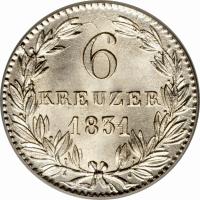 reverse of 6 Kreuzer - Wilhelm (1831 - 1837) coin with KM# 53 from German States. Inscription: 6 KREUZER 1833