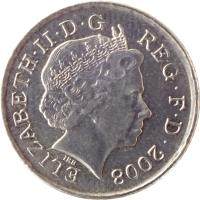 obverse of 5 Pence - Elizabeth II - Royal Shield; Non magnetic; 4'th Portrait (2008 - 2011) coin with KM# 1109 from United Kingdom. Inscription: ELIZABETH · II · D · G REG · F · D · 2010 IRB