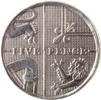United Kingdom coin 5 Pence - Elizabeth II - Royal Shield; Non magnetic; 4'th Portrait (2008 - 2011) reverse reverse of 5 Pence - Elizabeth II - Royal Shield; Non magnetic; 4'th Portrait (2008 - 2011) coin with KM# 1109 from United Kingdom. Inscription: FIVE PENCE