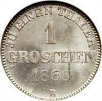 reverse of 1 Groschen - Nicolaus Friedrich Peter (1858 - 1869) coin with KM# 194 from German States. Inscription: 30 EINEN THALER 1 GROSCHEN 1866 B
