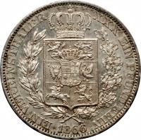 reverse of 1 Vereinsthaler - Nicolaus Friedrich Peter (1858 - 1866) coin with KM# 196 from German States. Inscription: EIN VEREINSTHALER XXX EIN PFUND FEIN 1866