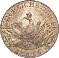 German States coin 1 Reichsthaler - Friedrich II (1775 - 1786) reverse reverse of 1 Reichsthaler - Friedrich II (1775 - 1786) coin with KM# 332 from German States. Inscription: EIN REICHS THALER 17 A 86