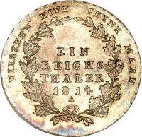 German States coin 1 Reichsthaler - Friedrich Wilhelm III (1809 - 1816) reverse reverse of 1 Reichsthaler - Friedrich Wilhelm III (1809 - 1816) coin with KM# 387 from German States. Inscription: VIERZEHN EINE FEINE MARK EIN REICHS THALER 1814 A