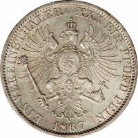 reverse of 1 Vereinsthaler - Wilhelm I (1864 - 1871) coin with KM# 494 from German States. Inscription: EIN VEREINSTHALER XXX EIN PFUND FEIN 1867