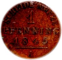 reverse of 1 Pfenning - Friedrich Wilhelm IV (1843 - 1845) coin with KM# 447 from German States. Inscription: SCHEIDE MUNZE 1 PFENNING 1845 A
