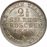 German States coin 2 1/2 Silber Groschen - Friedrich Wilhelm IV (1853 - 1860) reverse reverse of 2 1/2 Silber Groschen - Friedrich Wilhelm IV (1853 - 1860) coin with KM# 463 from German States. Inscription: 12 EINEN THALER 2½ SILBER GROSCHEN 1855 A SCHEIDE MÜNZE