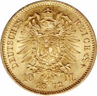 reverse of 10 Mark - Wilhelm I (1872 - 1873) coin with KM# 502 from German States. Inscription: DEUTSCHES REICH 10 M. 1872