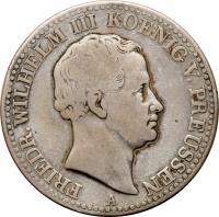 German States coin 1 Reichsthaler - Friedrich Wilhelm III - Mining Thaler (1829 - 1840) obverse obverse of 1 Reichsthaler - Friedrich Wilhelm III - Mining Thaler (1829 - 1840) coin with KM# 420 from German States. Inscription: FRIEDR.WILHELM III KOENIG V. PREUSSEN A