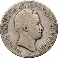 obverse of 1 Reichsthaler - Friedrich Wilhelm III - Mining Thaler (1829 - 1840) coin with KM# 420 from German States. Inscription: FRIEDR.WILHELM III KOENIG V. PREUSSEN A