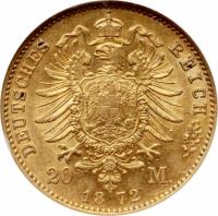 reverse of 20 Mark - Wilhelm I (1871 - 1873) coin with KM# 501 from German States. Inscription: DEUTSCHES REICH 20 M. 1872