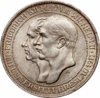 obverse of 3 Mark - Wilhelm II - Breslau University (1911) coin with KM# 531 from German States. Inscription: FRIEDRICH WILHELM III WILHELM II A · 1811 UNIVERSITÄT BRESLAU 1911 ·