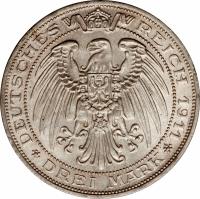 reverse of 3 Mark - Wilhelm II - Breslau University (1911) coin with KM# 531 from German States. Inscription: DEUTSCHES REICH 1911 * DREI MARK *