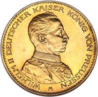 obverse of 20 Mark - Wilhelm II (1913 - 1915) coin with KM# 537 from German States. Inscription: WILHELM II DEUTSCHER KAISER KONIG VON PREUSSEN A