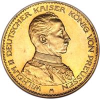 German States coin 20 Mark - Wilhelm II (1913 - 1915) obverse obverse of 20 Mark - Wilhelm II (1913 - 1915) coin with KM# 537 from German States. Inscription: WILHELM II DEUTSCHER KAISER KONIG VON PREUSSEN A