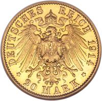 reverse of 20 Mark - Wilhelm II (1913 - 1915) coin with KM# 537 from German States. Inscription: DEUTSCHES REICH 1914 * 20 MARK *