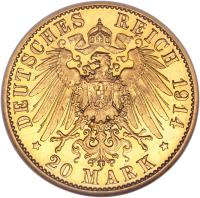 German States coin 20 Mark - Wilhelm II (1913 - 1915) reverse reverse of 20 Mark - Wilhelm II (1913 - 1915) coin with KM# 537 from German States. Inscription: DEUTSCHES REICH 1914 * 20 MARK *