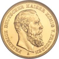 obverse of 20 Mark - Friedrich III (1888) coin with KM# 515 from German States. Inscription: FRIEDRICH DEUTSCHER KAISER KÖNIG V. PREUSSEN A