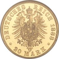 reverse of 20 Mark - Friedrich III (1888) coin with KM# 515 from German States. Inscription: DEUTSCHES REICH 1888 * 20 MARK *