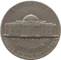 United States coin 5 Cents - Jefferson Nickel; 1'st Portrait (1938 - 2003) reverse reverse of 5 Cents - Jefferson Nickel; 1'st Portrait (1938 - 2003) coin with KM# 192 from United States. Inscription: E PLURIBUS UNUM MONTICELLO FIVE CENTS UNITED STATES OF AMERICA